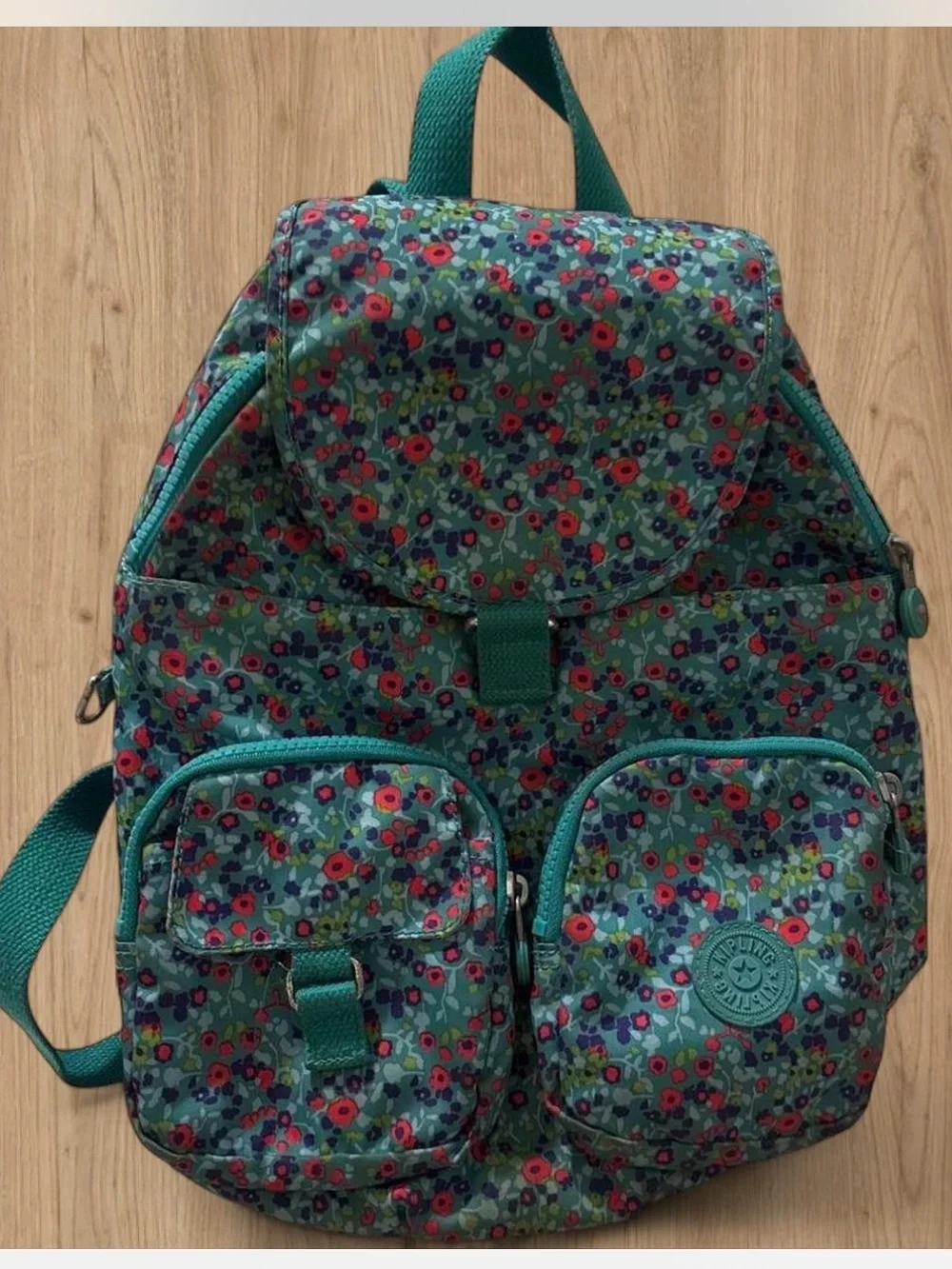 Kipling Teal Floral medium Backpack with Pink & Red Accents